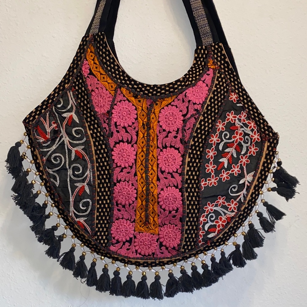 Embroidered Black and Pink Women's Bag